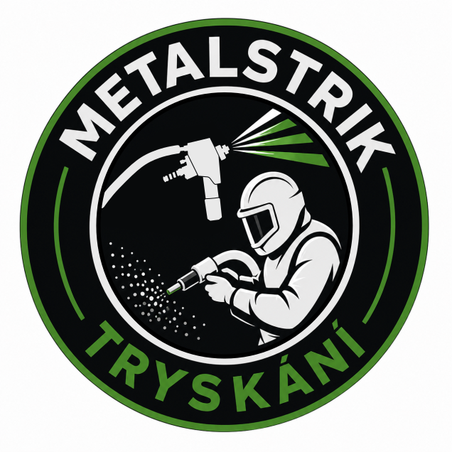 Zelené logo s kruhem, siluetou kladiva a textem METALSTRIK na černém pozadí.